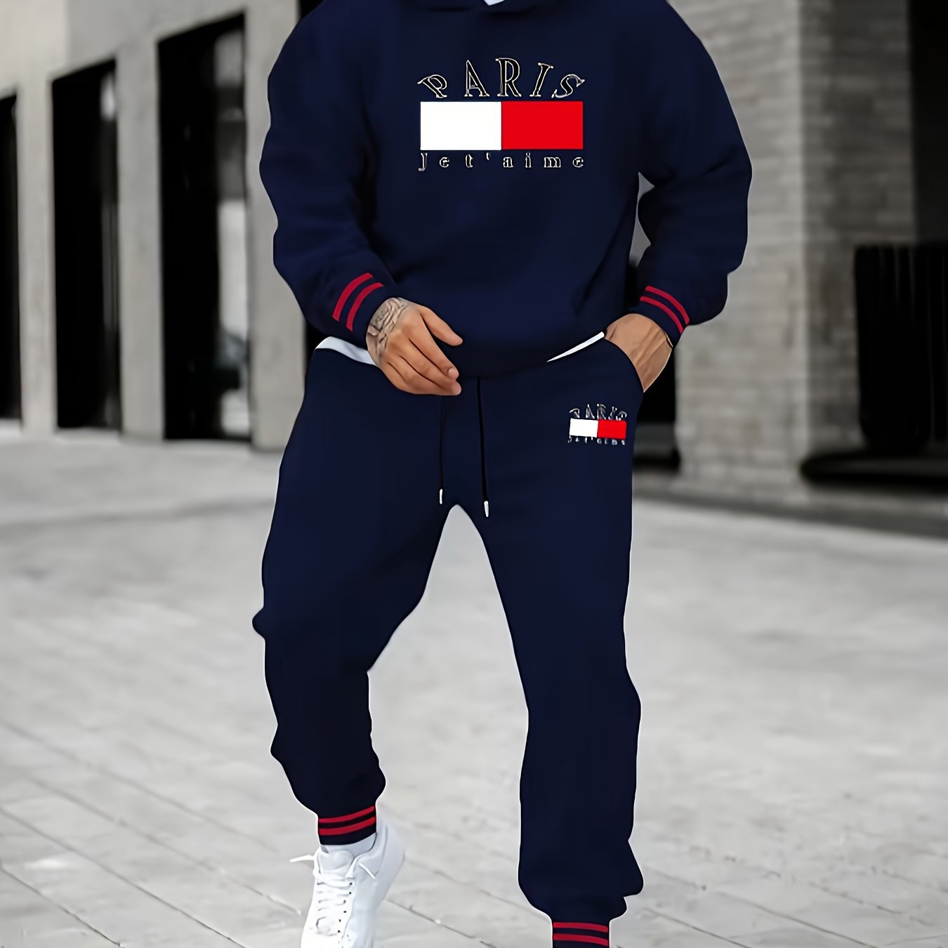 2-piece PARIS Print Men's Spring Fall Sports Outfit Set, Men's Hooded Sweatshirt With Kangaroo Pocket & Drawstring Sweatpants Set
