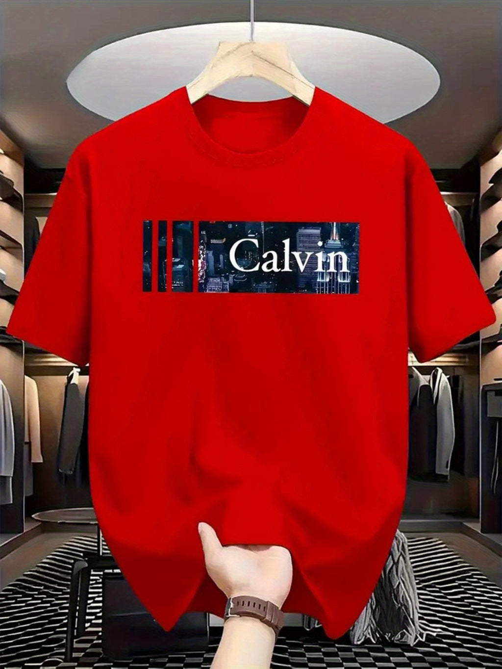 Men's 2025 New Casual Graphic T-Shirt - 100% Cotton Lightweight 180gsm, Bold CALVIN Print with Cityscape Design, Regular Fit Round Neck Short Sleeve Summer Tee, Machine Washable