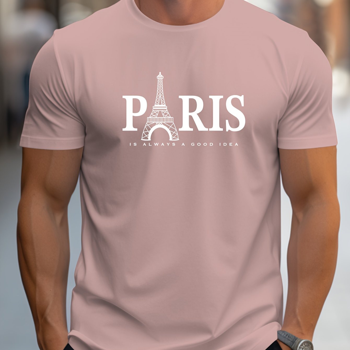 Men's Paris Eiffel Tower Graphic Tee - Casual Crew Neck, Short Sleeve T-Shirt with Stretch Fabric, Machine Washable - Summer Essential