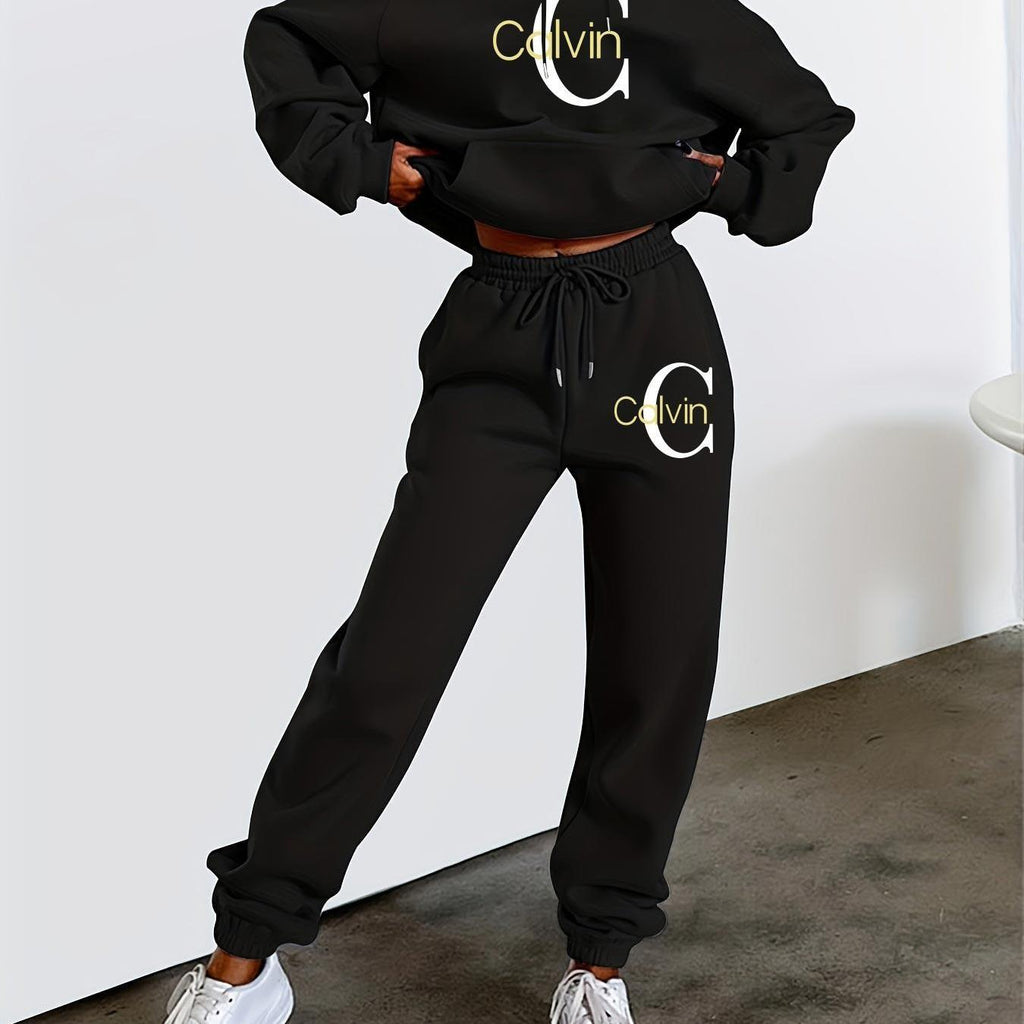 Women'S Printed Sweatshirt & Pants Set - Gray Pullover with "Calvin" Logo, Kangaroo Pocket, Machine Washable, Casual Wear, Casual Wear|Graphic Hoodie|Machine Washable Top, Sweater Hoodie