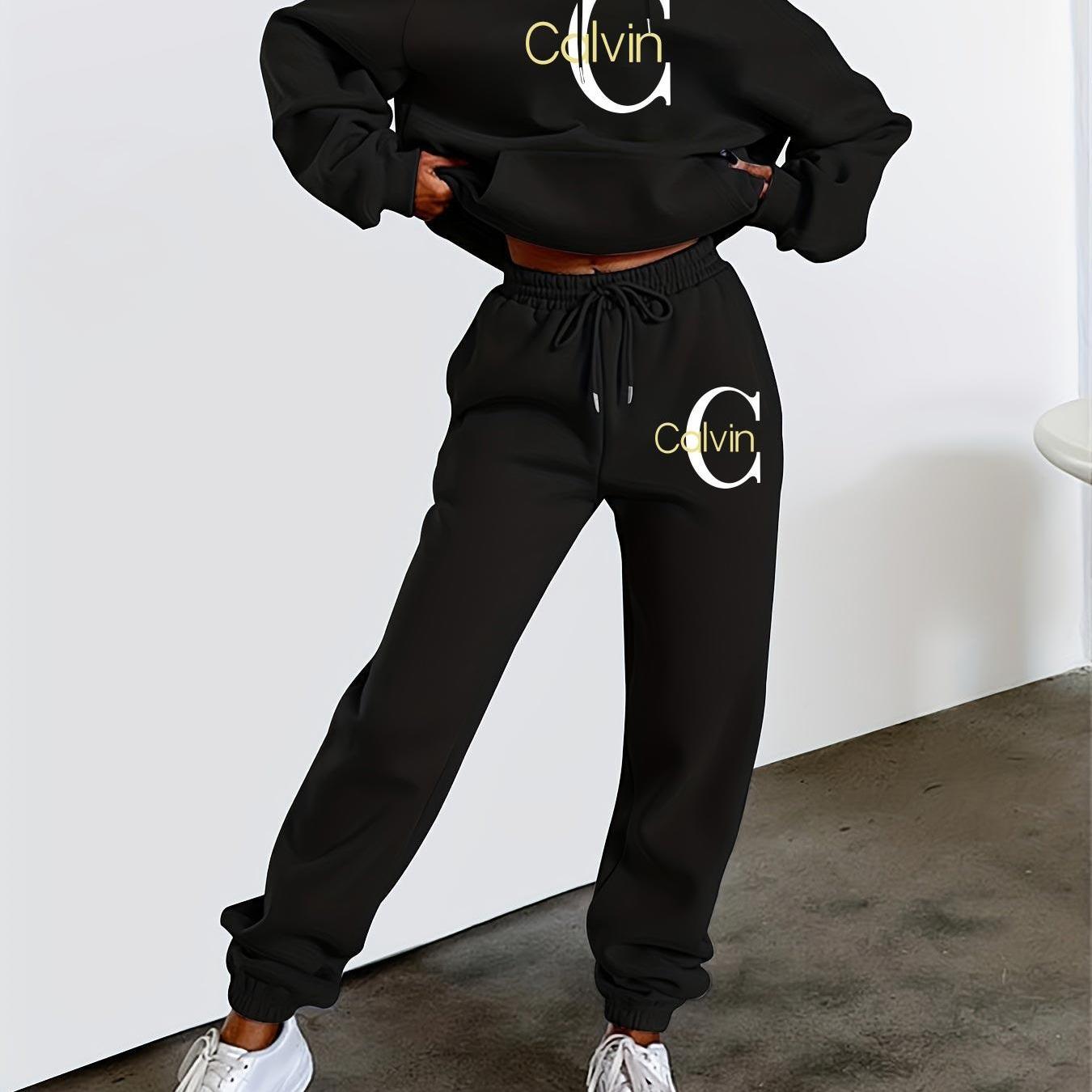 Women'S Printed Sweatshirt & Pants Set - Gray Pullover with "Calvin" Logo, Kangaroo Pocket, Machine Washable, Casual Wear, Casual Wear|Graphic Hoodie|Machine Washable Top, Sweater Hoodie