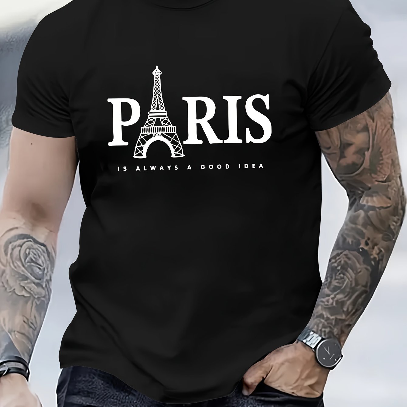 Paris Tower Printed Men's Casual Trendy Fashion Crew Neck T-shirt