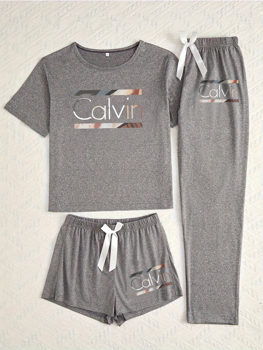 Three-Piece Pajama Set for Women with Calvin Print