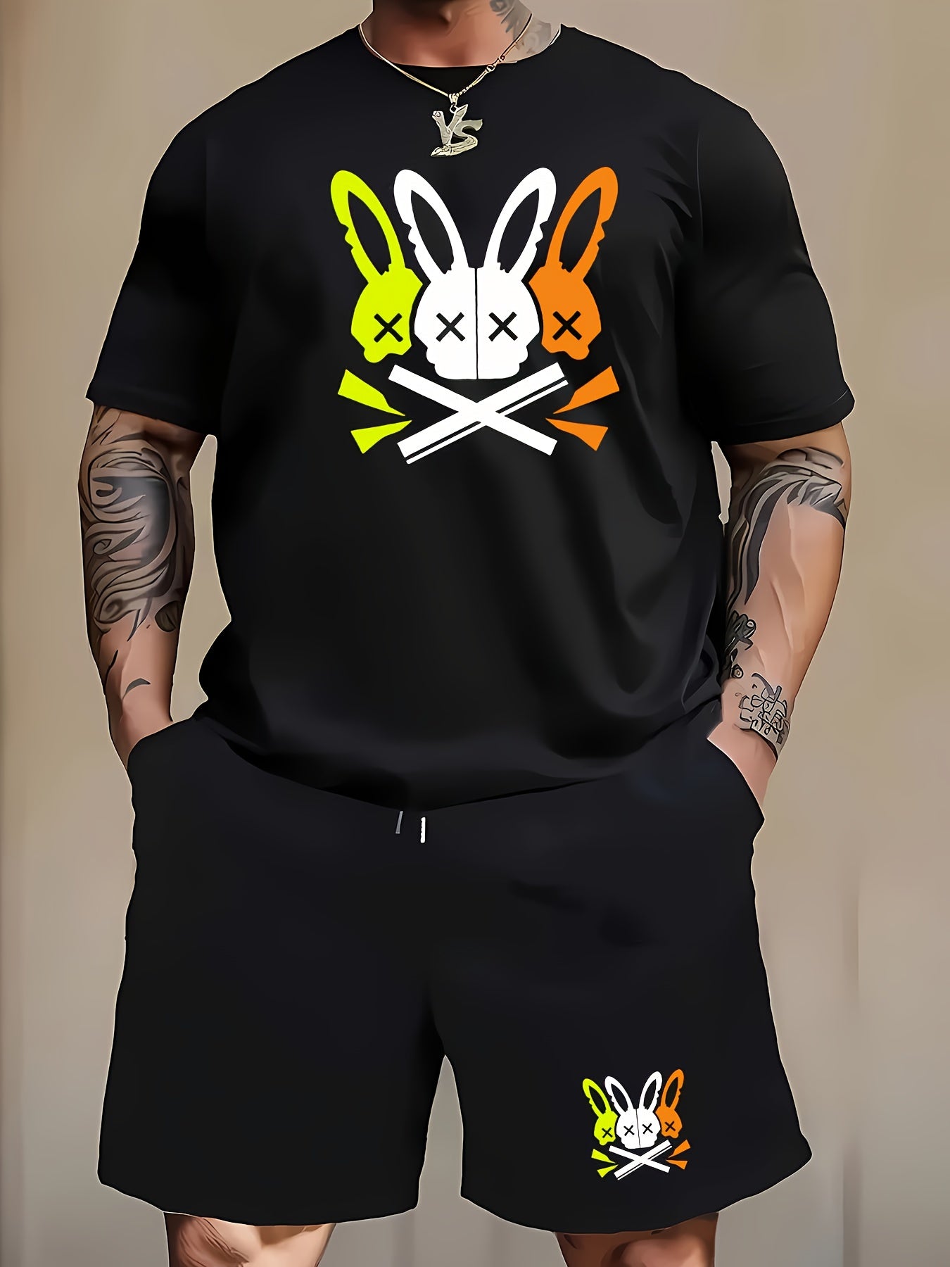 New Men's leisure sports and leisure suit crew neck t-shirt short sleeves + shorts, CALVIN letter geometric lines decorative printing, fashionable, comfortable and breathable, suitable for outdoor activities summer two