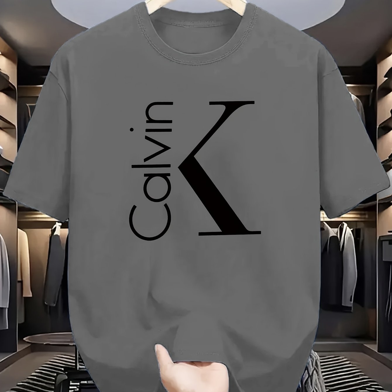 Men'S 180g Pure Cotton Business Casual T - Shirt, Featuring A Bold "Calvin" Print And Badge Design, Round - Neck Short - Sleeves, Versatile For Business, Perfect For Summer Daily Wear, Machine Washable, Suitable For All Seaso