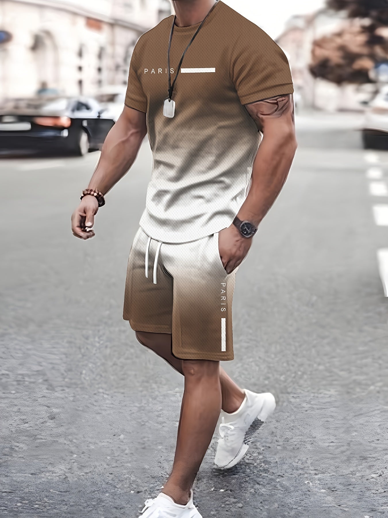 Men's Two-piece Set Of Gradient Color Tops And Shorts, Letter Print "PARIS" Crew Neck And Short Sleeve T-shirt And Shorts With Drawstring And Pockets, Casual And Trendy Set For Summer Outdoors Wear