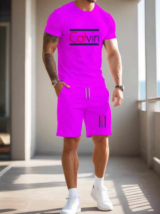 Men'S Casual Street Style 3D Quick-Dry Crew Neck Short Sleeve T-Shirt & Beach Shorts Set - Vibrant Pink with "Calvin" Letter Print, Lightweight Summer Outfit for Casual Attire, Beach Attire|Vibrant Print Tee|Lightweight Fabri