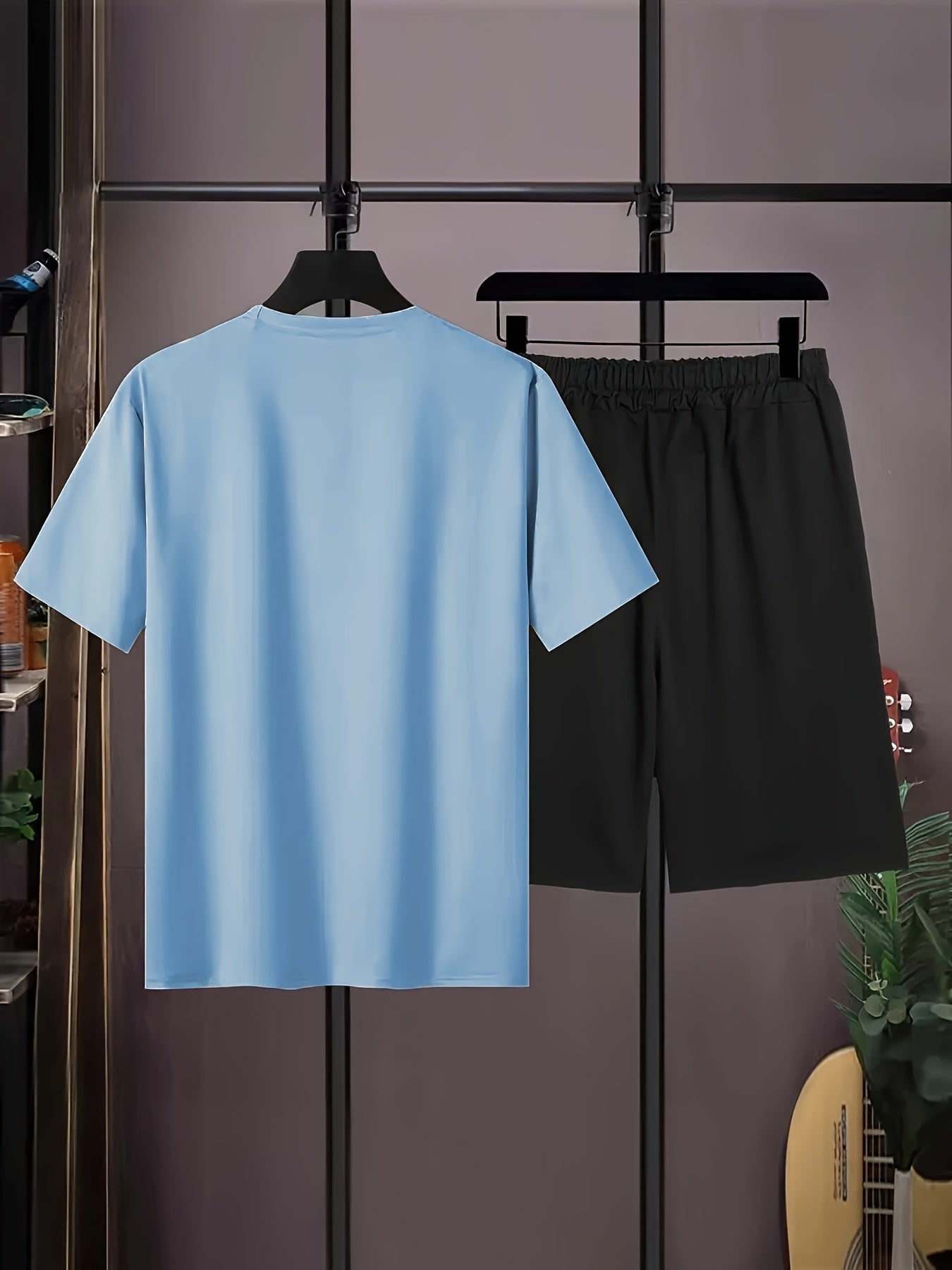 2pcs Paris Print Men's Short Sleeve T-shirt & Drawstring Shorts Casual Sports Regular Tee Top Pants Suit Outfits for Spring Summer
