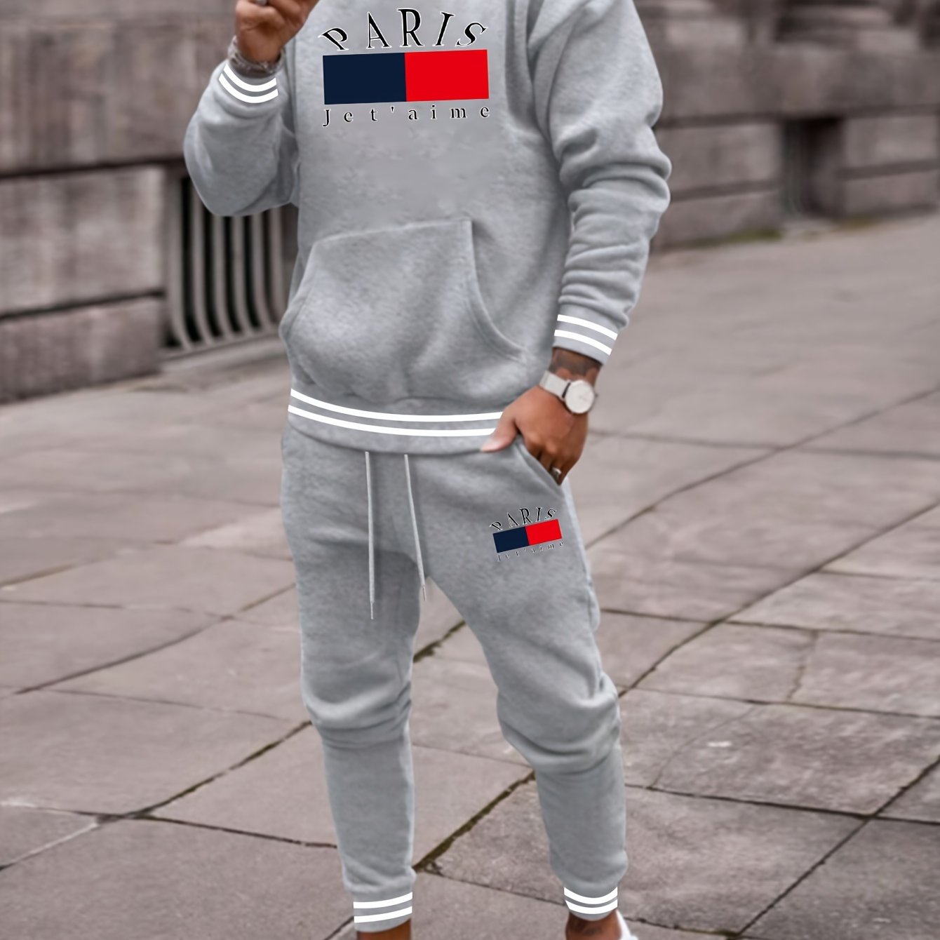 2-piece PARIS Print Men's Spring Fall Sports Outfit Set, Men's Hooded Sweatshirt With Kangaroo Pocket & Drawstring Sweatpants Set