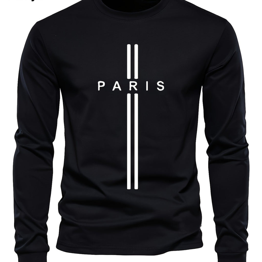Stylish Paris Graphic Tee - Soft Crew Neck, Long Sleeve, Active Fit, Comfy Casual Wear for Spring, Summer, Autumn - Men's Fashion Clothing Tops