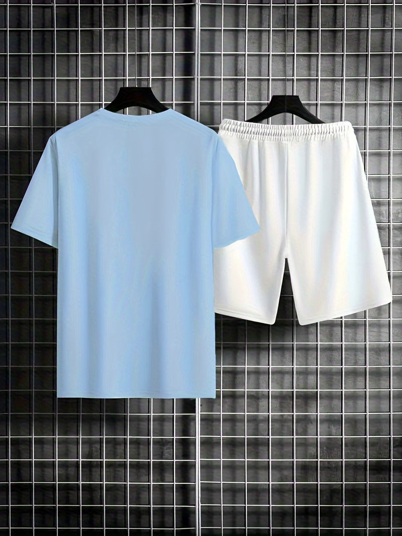 2pcs Paris Print Men's Short Sleeve T-shirt & Drawstring Shorts Casual Sports Regular Tee Top Pants Suit Outfits for Spring Summer