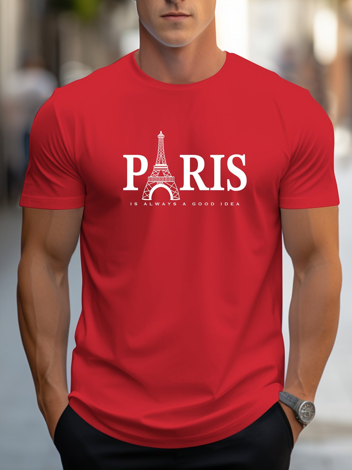 Men's Paris Eiffel Tower Graphic Tee - Casual Crew Neck, Short Sleeve T-Shirt with Stretch Fabric, Machine Washable - Summer Essential