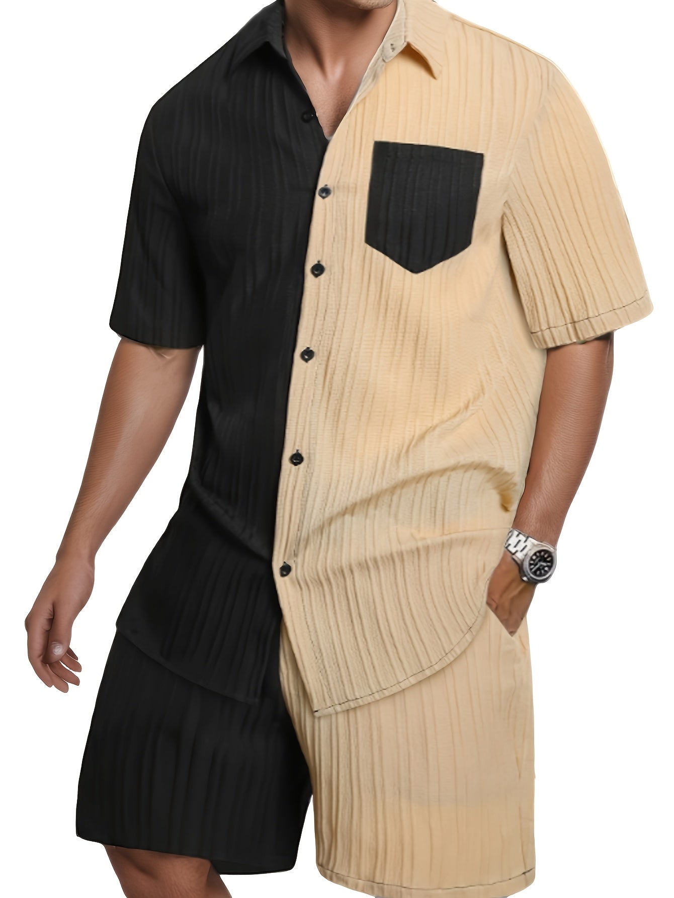 Men's Contrasting Short Sleeve Shirt And Shorts Sets, Polyester Fiber Woven Fashionable Chestand Pockets, Button-up And Lapel Top, Simple Drawstring Elastic Contraction Waistband And Side Pockets Pants, Men's Summer Casual Sp