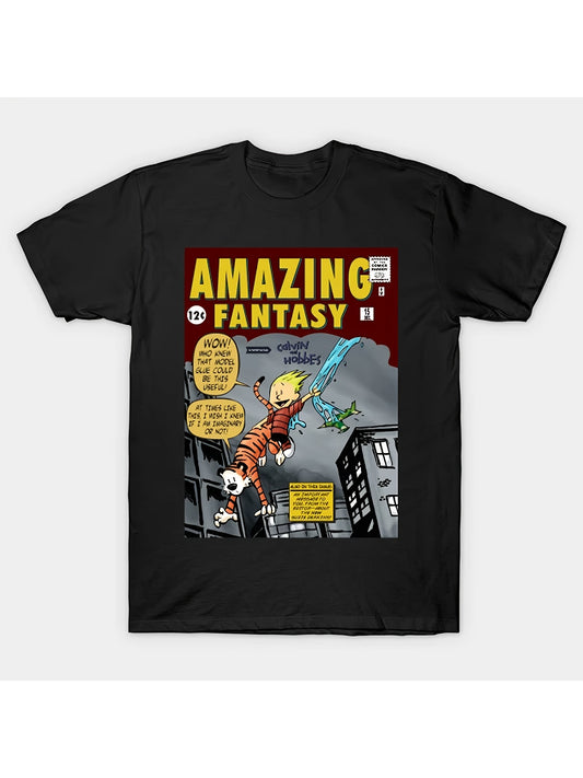 Men's Vintage-Inspired Calvin and Hobbes Parody T-Shirt - 100% Cotton, Round Neck, Short Sleeve with Amazing Fantasy II Print, High-Elasticity Fabric, Non-Transparent, All-Season Wear, Vintage T Shirts