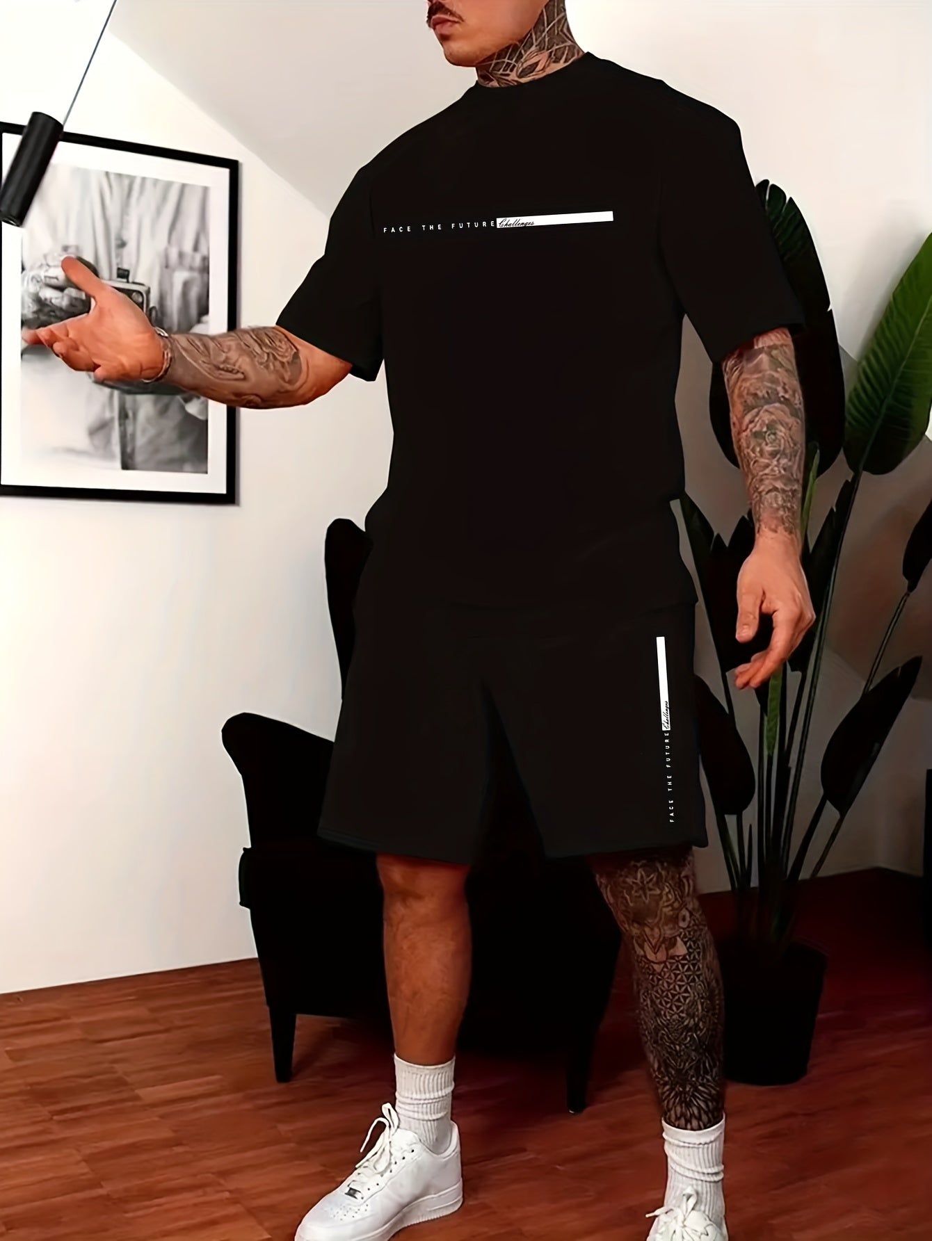 2Pcs Summer Comfy Outfits - Paris Pattern Print Short Sleeve Crew Neck T-shirt & Jogger Shorts Set for Men - Soft Slight Stretch Polyester Fabric, Regular Fit, Hand Washable, Casual Style