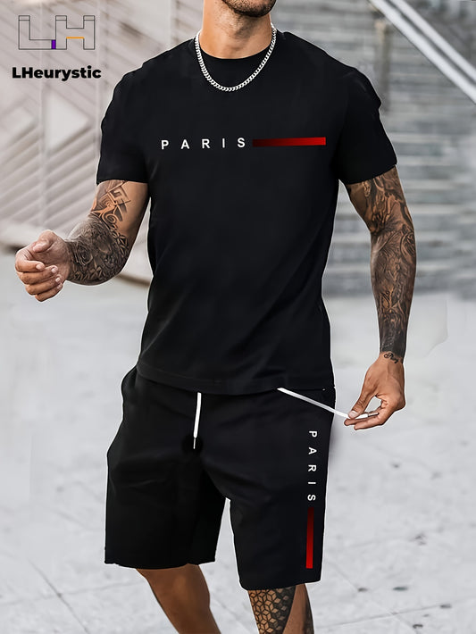 2pcs Paris Print Men's Short Sleeve T-shirt & Drawstring Shorts Casual Sports Regular Tee Top Pants Suit Outfits for Spring Summer