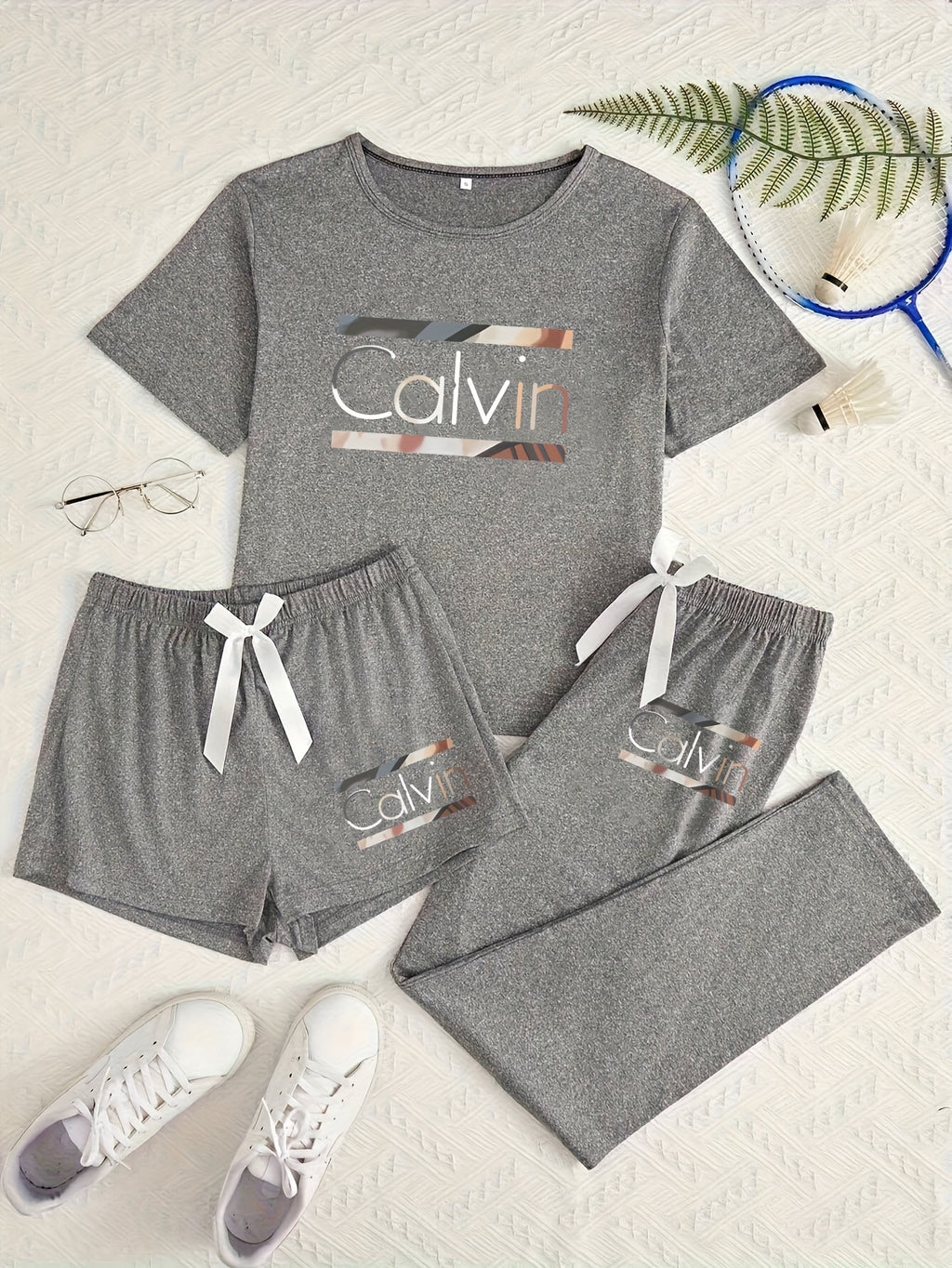 Three-Piece Pajama Set for Women with Calvin Print