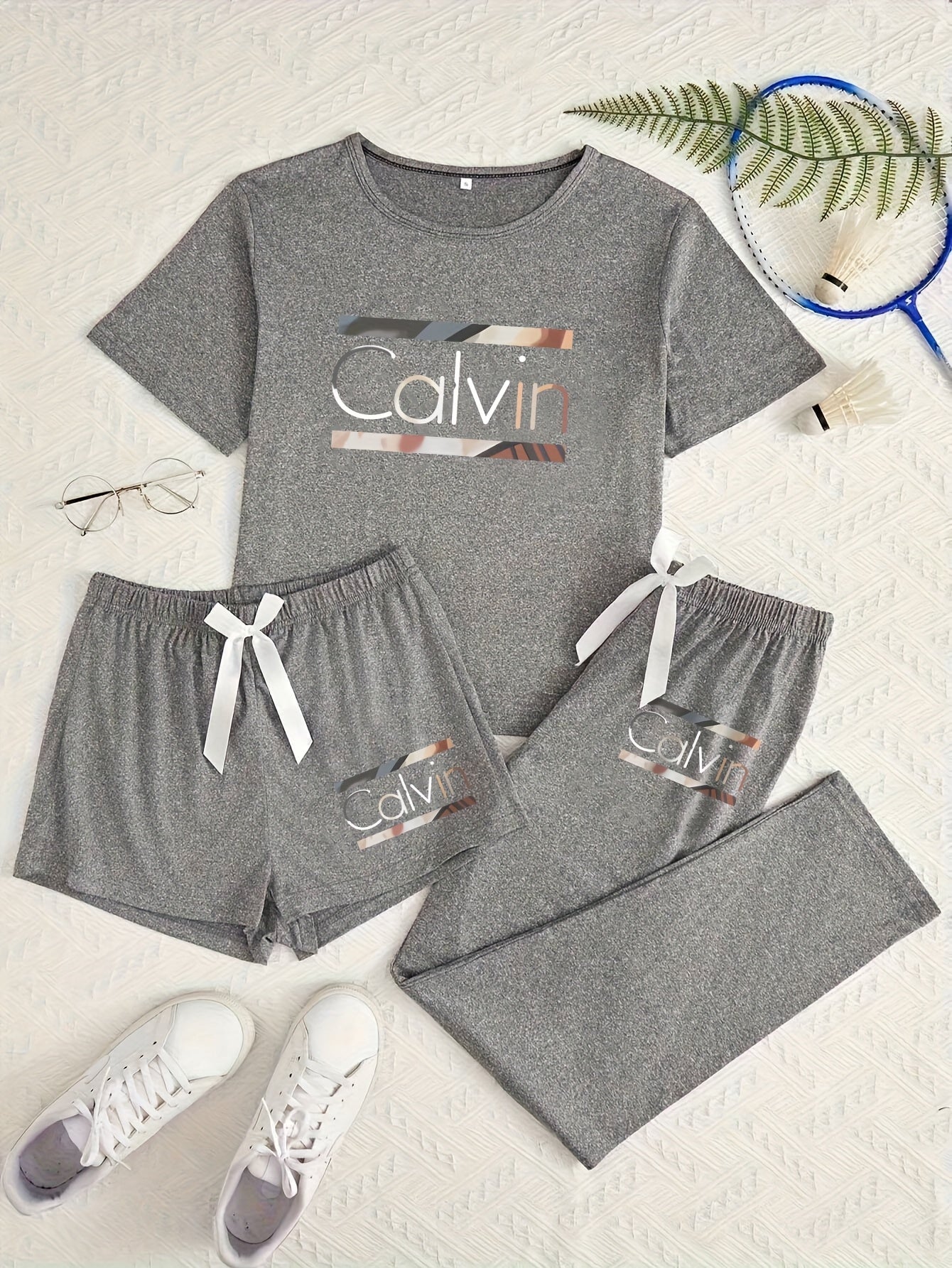 Three-Piece Pajama Set for Women with Calvin Print