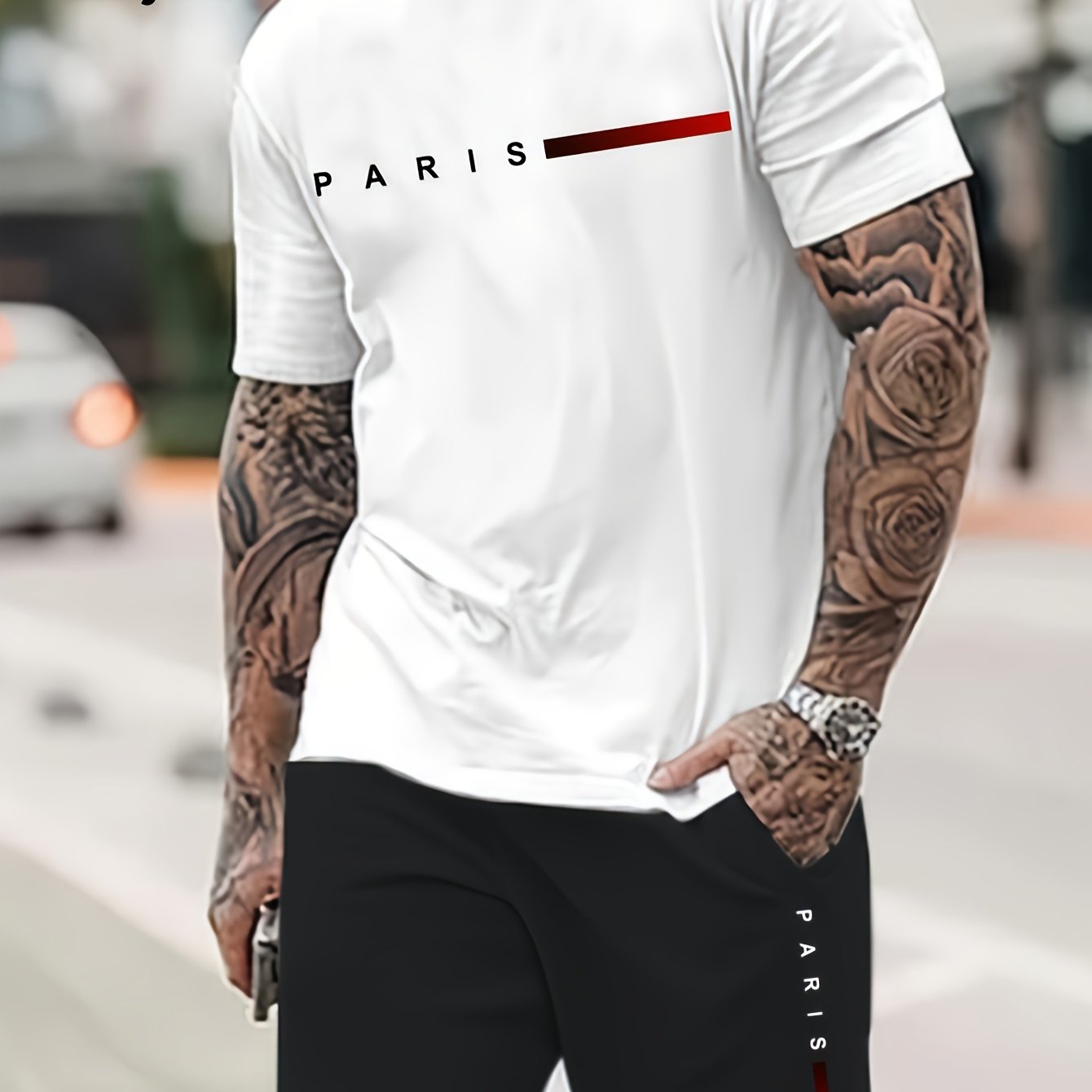 2pcs Paris Print Men's Short Sleeve T-shirt & Drawstring Shorts Casual Sports Regular Tee Top Pants Suit Outfits for Spring Summer