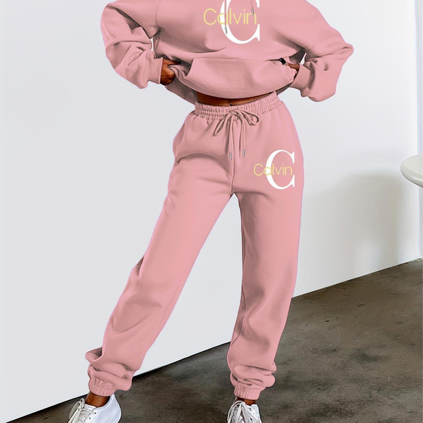 Women'S Printed Sweatshirt & Pants Set - Gray Pullover with "Calvin" Logo, Kangaroo Pocket, Machine Washable, Casual Wear, Casual Wear|Graphic Hoodie|Machine Washable Top, Sweater Hoodie