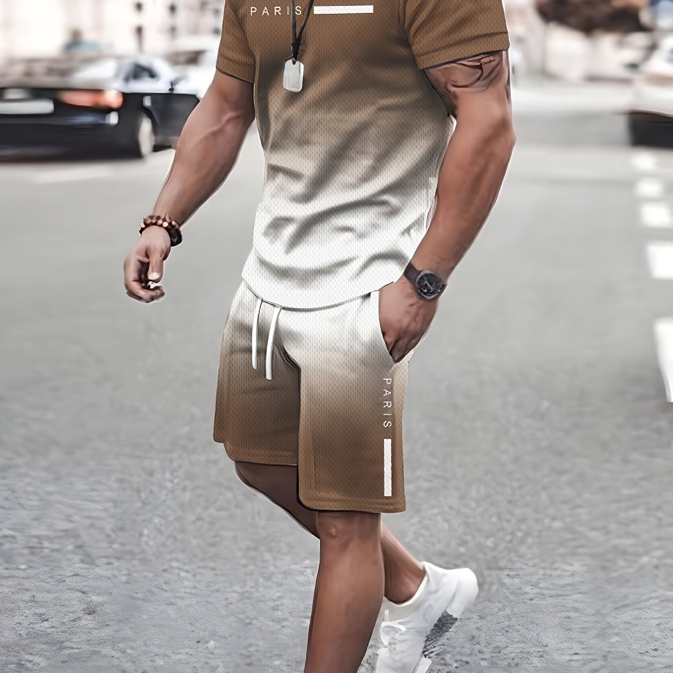 Men's Two-piece Set Of Gradient Color Tops And Shorts, Letter Print "PARIS" Crew Neck And Short Sleeve T-shirt And Shorts With Drawstring And Pockets, Casual And Trendy Set For Summer Outdoors Wear