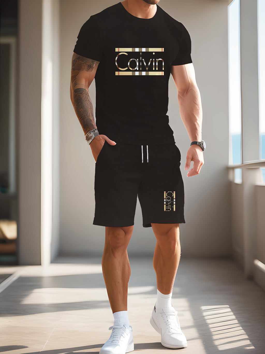 Men'S Casual Street Style 3D Quick-Dry Crew Neck Short Sleeve T-Shirt & Beach Shorts Set - Vibrant Pink with "Calvin" Letter Print, Lightweight Summer Outfit for Casual Attire, Beach Attire|Vibrant Print Tee|Lightweight Fabri