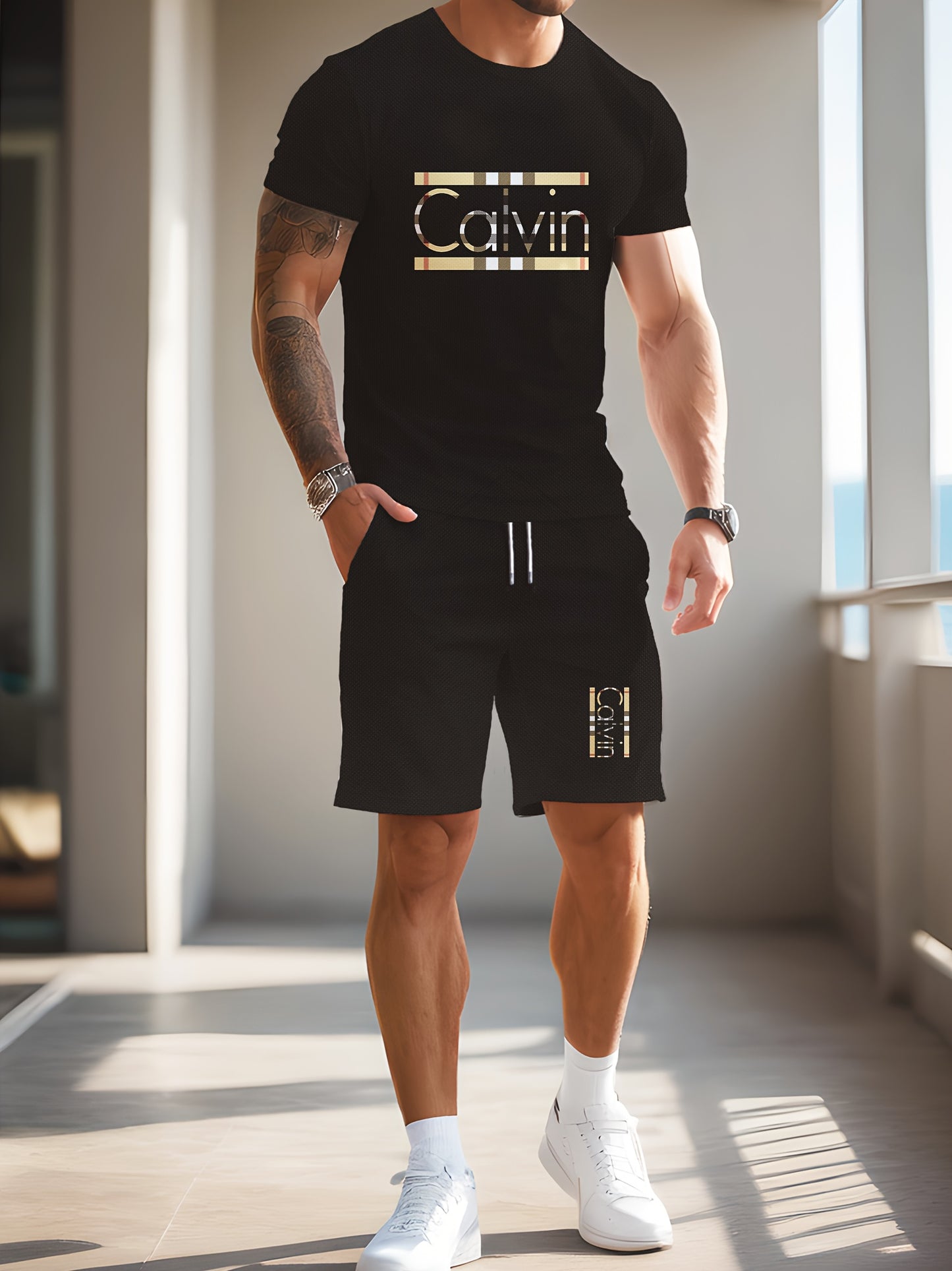 Men'S Casual Street Style 3D Quick-Dry Crew Neck Short Sleeve T-Shirt & Beach Shorts Set - Vibrant Pink with "Calvin" Letter Print, Lightweight Summer Outfit for Casual Attire, Beach Attire|Vibrant Print Tee|Lightweight Fabri