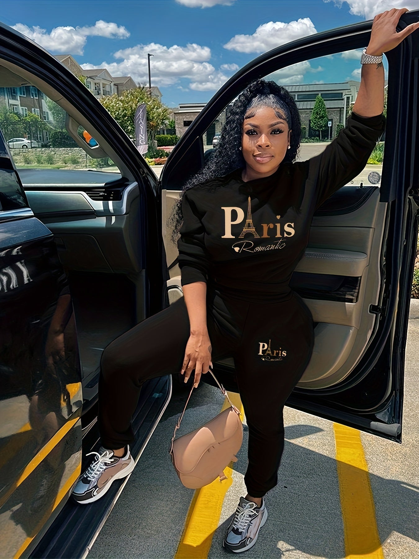 Paris Print Casual Pants Set, Crew Neck Long Sleeve Sweatshirt & Pocket Pants Outfits, Women's Clothing