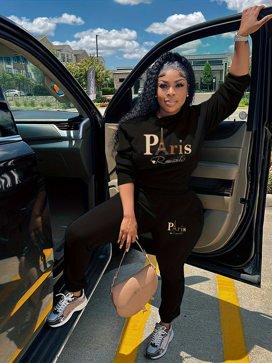 Paris Print Casual Pants Set, Crew Neck Long Sleeve Sweatshirt & Pocket Pants Outfits, Women's Clothing