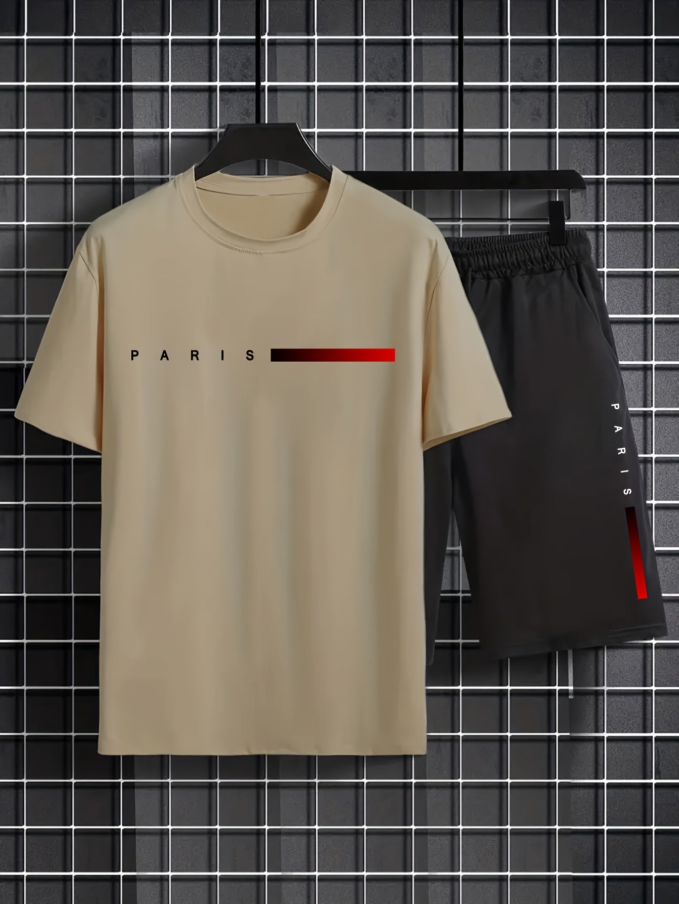2Pcs Summer Comfy Outfits - Paris Pattern Print Short Sleeve Crew Neck T-shirt & Jogger Shorts Set for Men - Soft Slight Stretch Polyester Fabric, Regular Fit, Hand Washable, Casual Style