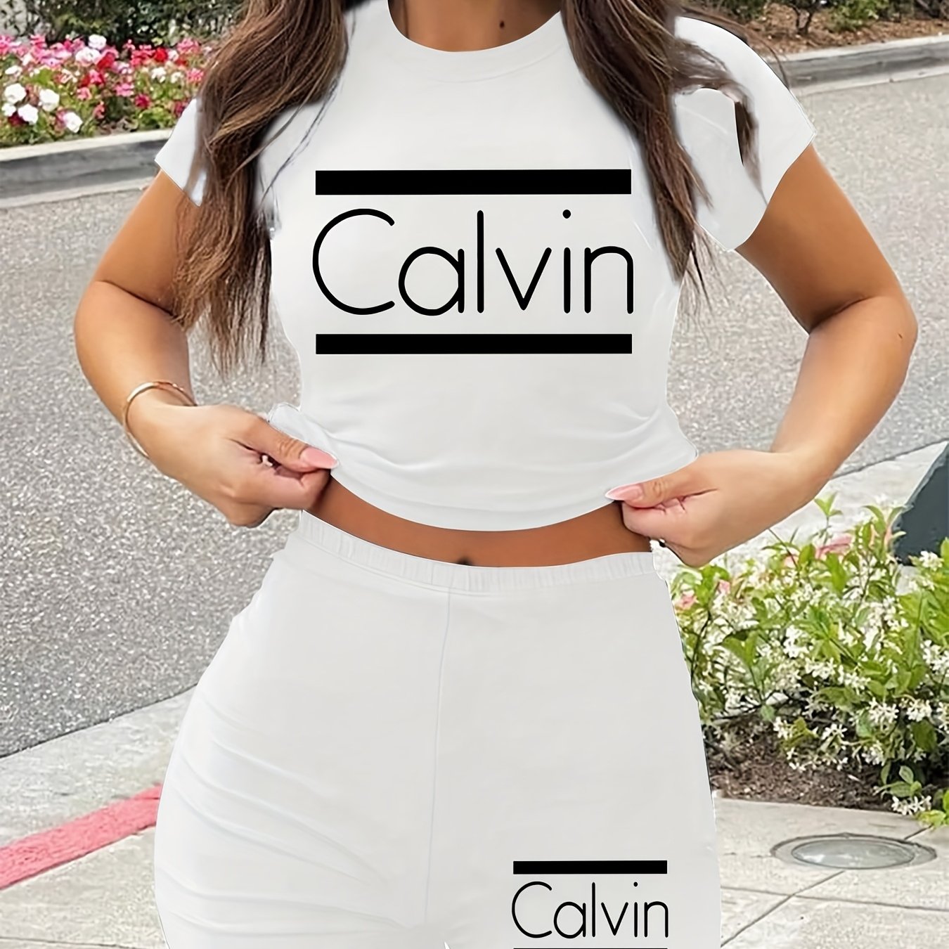 Women'S Calvin Print Red Two-Piece Casual Sportswear Set - Short Sleeve Crop Top & High-Waisted Shorts, Stretchy Polyester Blend, Round Neck, All-Season Comfort, High Waisted