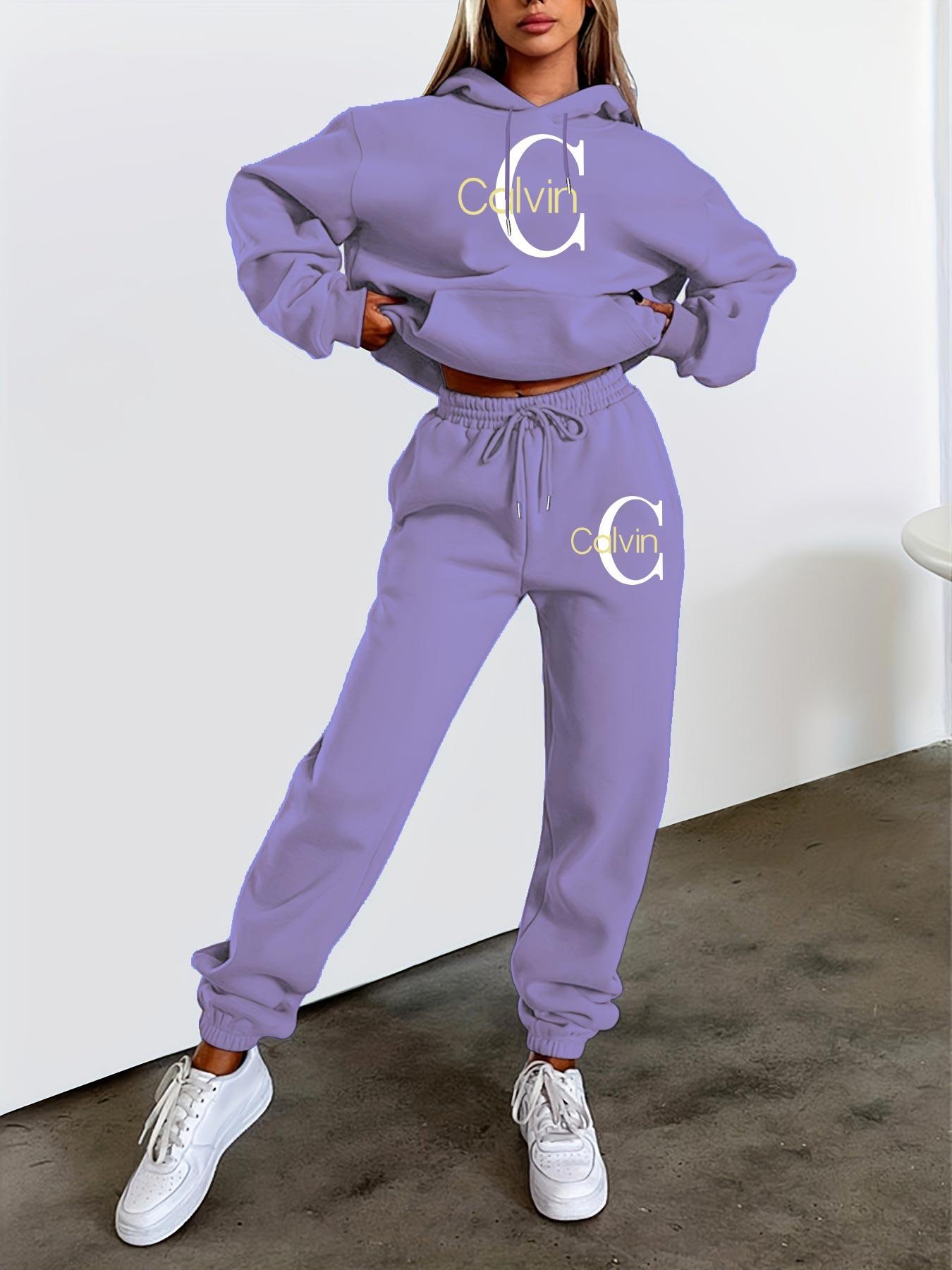 Women'S Printed Sweatshirt & Pants Set - Gray Pullover with "Calvin" Logo, Kangaroo Pocket, Machine Washable, Casual Wear, Casual Wear|Graphic Hoodie|Machine Washable Top, Sweater Hoodie