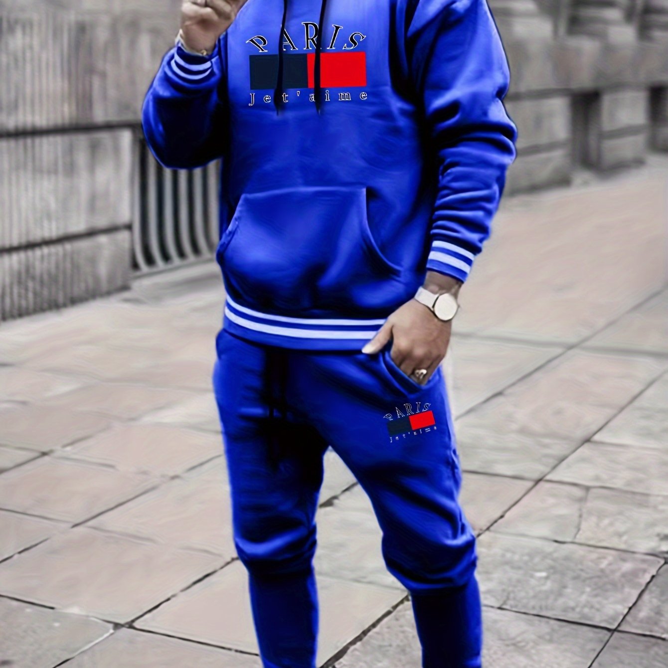2-piece PARIS Print Men's Spring Fall Sports Outfit Set, Men's Hooded Sweatshirt With Kangaroo Pocket & Drawstring Sweatpants Set