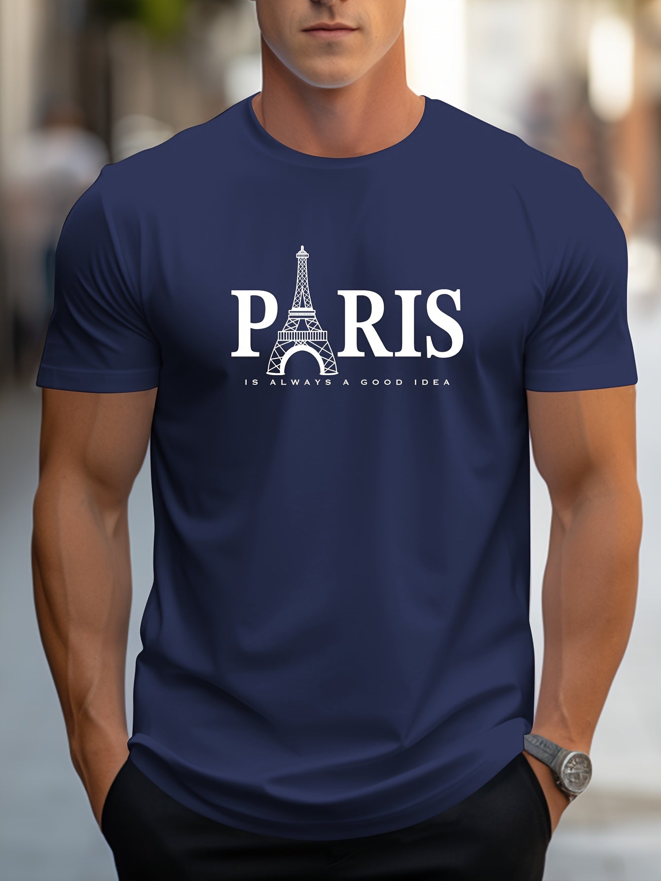Men's Paris Eiffel Tower Graphic Tee - Casual Crew Neck, Short Sleeve T-Shirt with Stretch Fabric, Machine Washable - Summer Essential