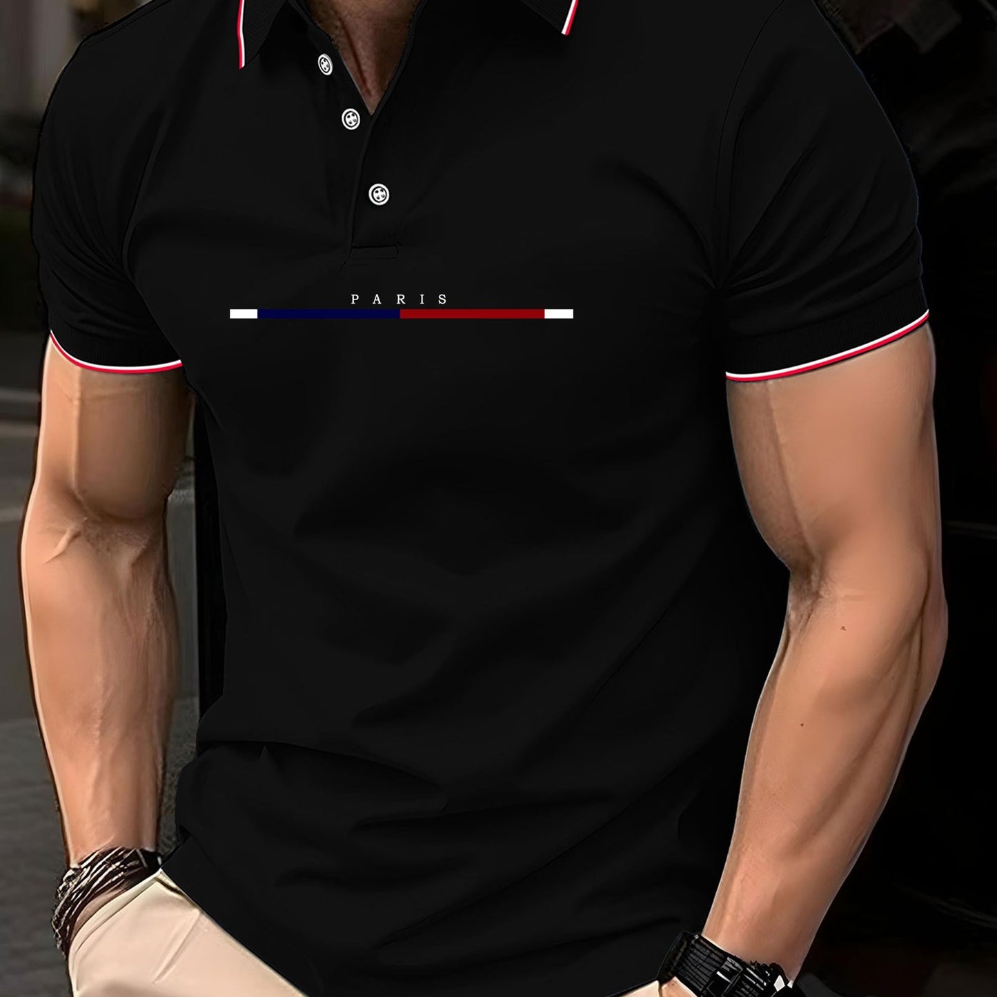 Men'S Stylish Black Polo Shirt with "PARIS" Print - Red & White Stripes, Casual Summer Wear, Breathable & Comfortable, Perfect for Outdoor Activities & Casual Events, Casual Summer Shirt|Stylish Casualwear|Comfortable Fit