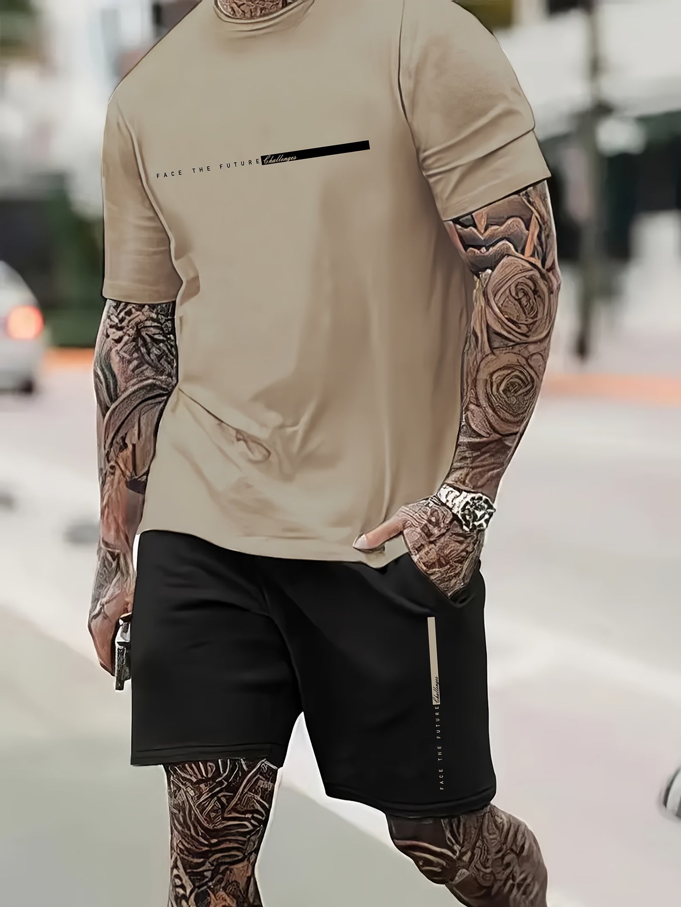 2Pcs Summer Comfy Outfits - Paris Pattern Print Short Sleeve Crew Neck T-shirt & Jogger Shorts Set for Men - Soft Slight Stretch Polyester Fabric, Regular Fit, Hand Washable, Casual Style