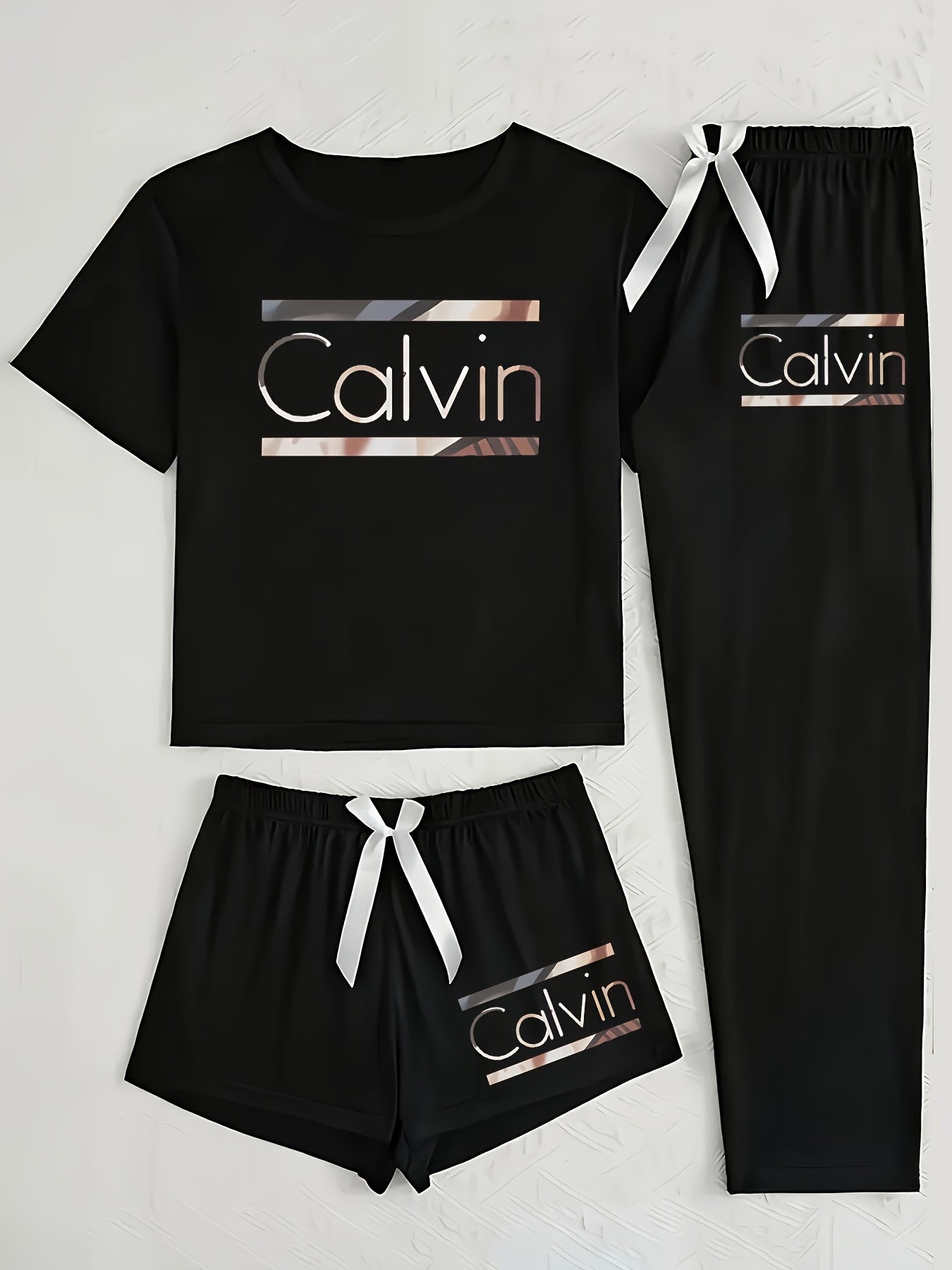 Three-Piece Pajama Set for Women with Calvin Print