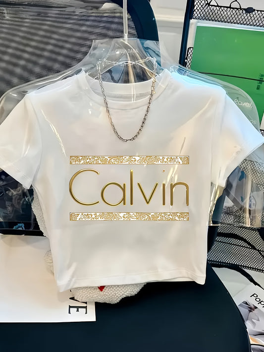 [Y2K Style Calvin Tee] Calvin Graphic Print Short Sleeve T-Shirt | Y2K Style, Spring/Summer White Tee with Golden Details, Casual & Stylish, Youthful Fashion | Comfortable Fit, Ladies T Shirts, Bold Lettering Top