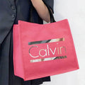 Calvin Print Large Capacity Tote Bag for Women - Vibrant Rose Red Durable Polyester Handbag with Bold CALVIN Lettering, Perfect for Weddings, Travel, Shopping & Daily Use, Modern Fashion Accessory, Smooth Texture Finish