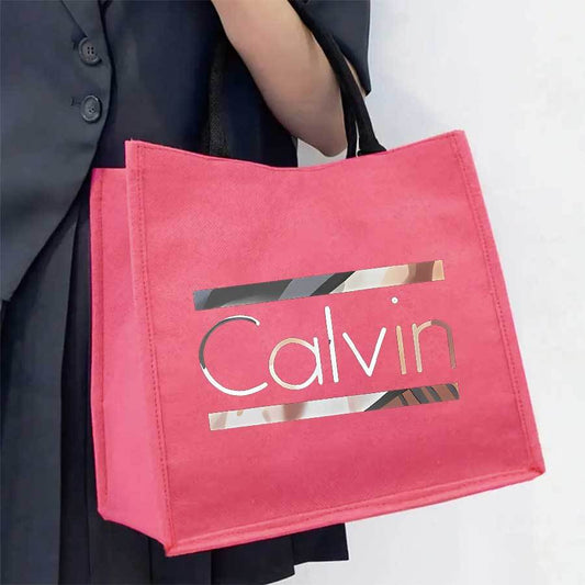 Calvin Print Large Capacity Tote Bag for Women - Vibrant Rose Red Durable Polyester Handbag with Bold CALVIN Lettering, Perfect for Weddings, Travel, Shopping & Daily Use, Modern Fashion Accessory, Smooth Texture Finish