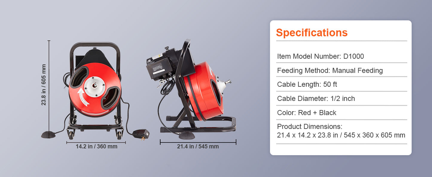 SucceBuy Drain Cleaner Machine 50 FT x 1/2 Inch Manual Feed Sewer Snake Auger with Wheels 4 Cutters & Air-activated Foot Switch