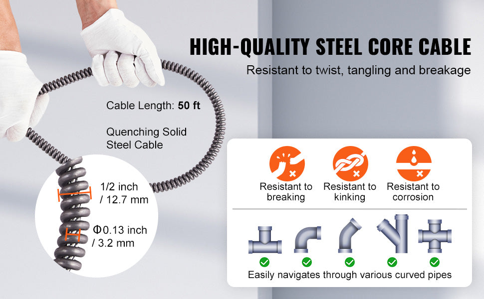 SucceBuy Drain Cleaner Machine 50 FT x 1/2 Inch Manual Feed Sewer Snake Auger with Wheels 4 Cutters & Air-activated Foot Switch