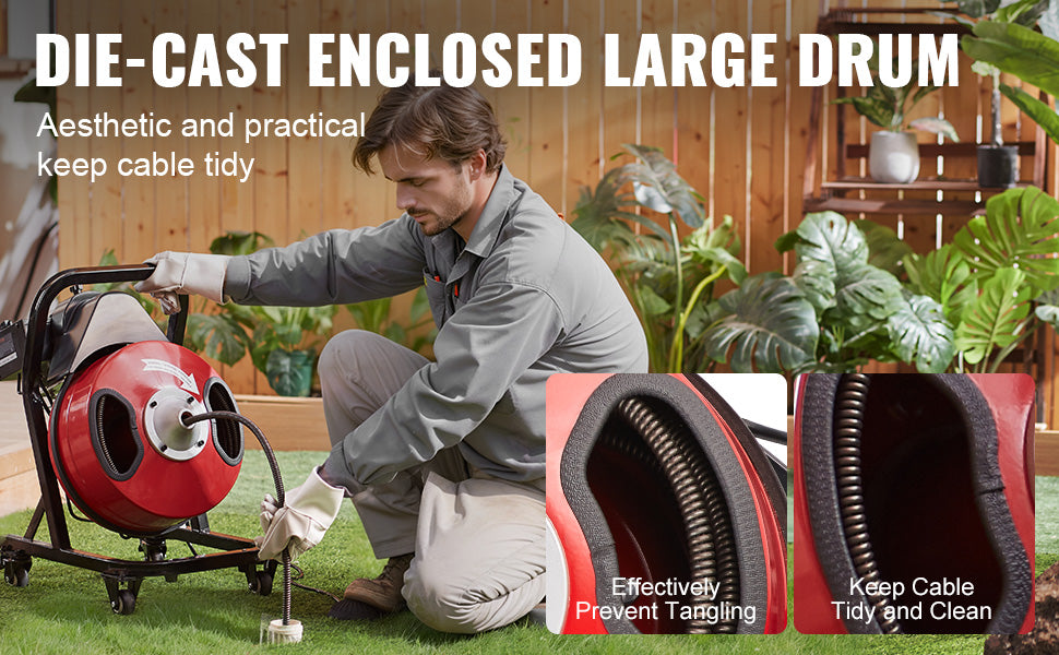 SucceBuy Drain Cleaner Machine 50 FT x 1/2 Inch Manual Feed Sewer Snake Auger with Wheels 4 Cutters & Air-activated Foot Switch