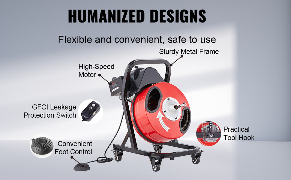 SucceBuy Drain Cleaner Machine 50 FT x 1/2 Inch Manual Feed Sewer Snake Auger with Wheels 4 Cutters & Air-activated Foot Switch