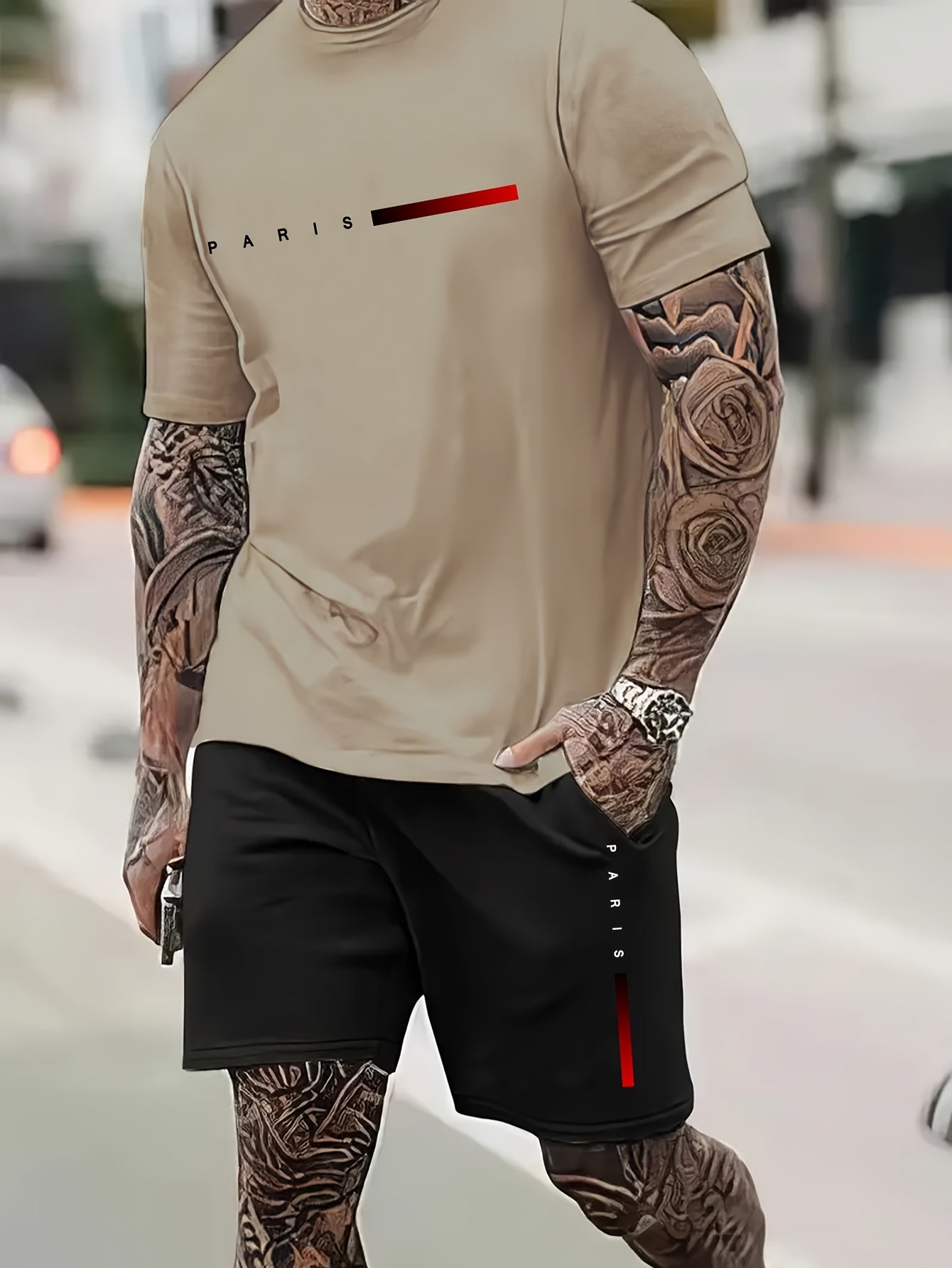 2Pcs Summer Comfy Outfits - Paris Pattern Print Short Sleeve Crew Neck T-shirt & Jogger Shorts Set for Men - Soft Slight Stretch Polyester Fabric, Regular Fit, Hand Washable, Casual Style