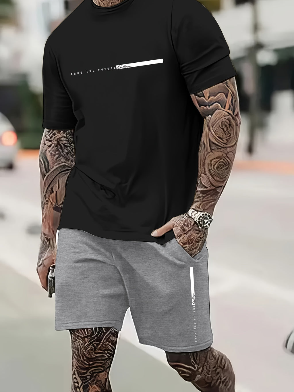 2Pcs Summer Comfy Outfits - Paris Pattern Print Short Sleeve Crew Neck T-shirt & Jogger Shorts Set for Men - Soft Slight Stretch Polyester Fabric, Regular Fit, Hand Washable, Casual Style