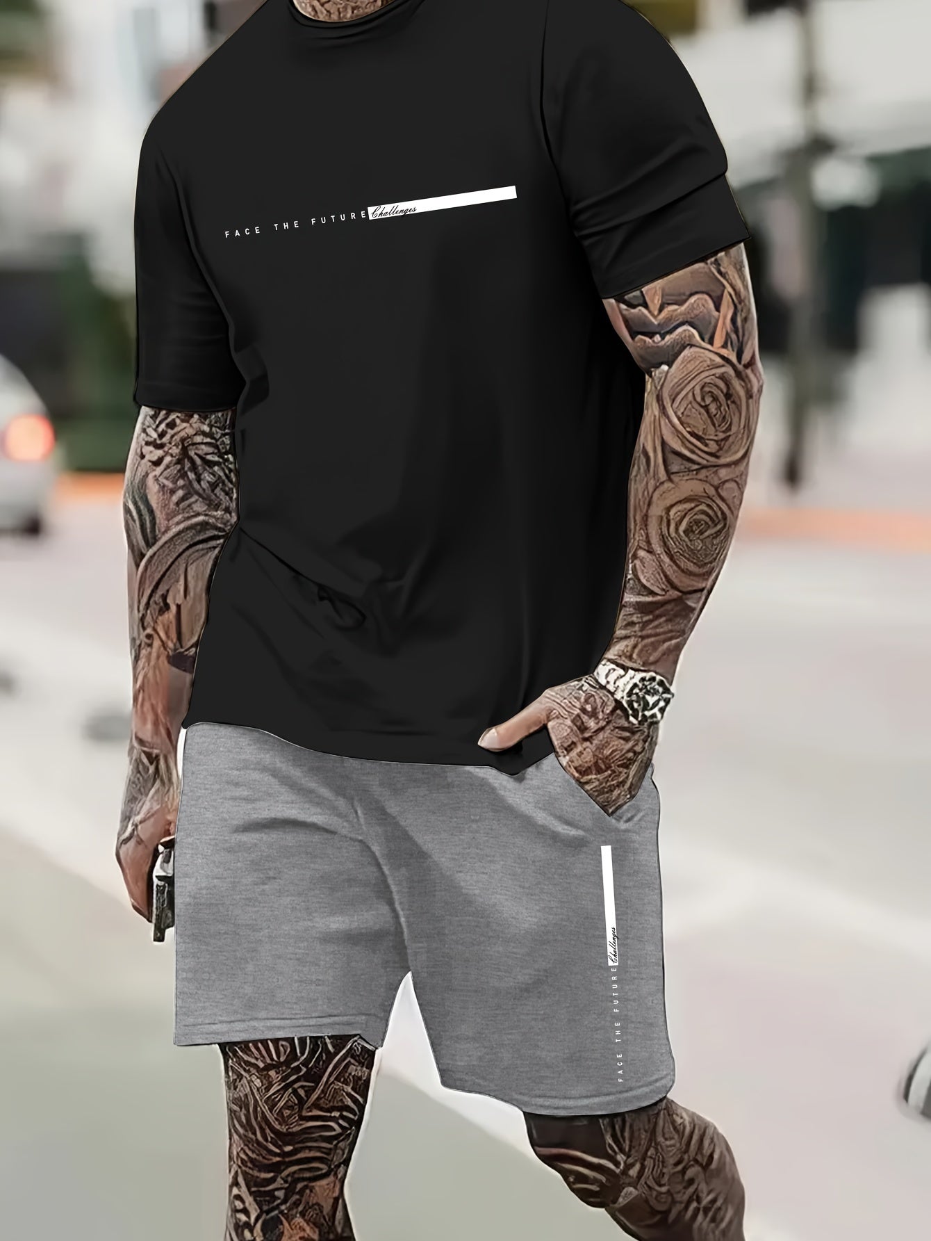 2Pcs Summer Comfy Outfits - Paris Pattern Print Short Sleeve Crew Neck T-shirt & Jogger Shorts Set for Men - Soft Slight Stretch Polyester Fabric, Regular Fit, Hand Washable, Casual Style
