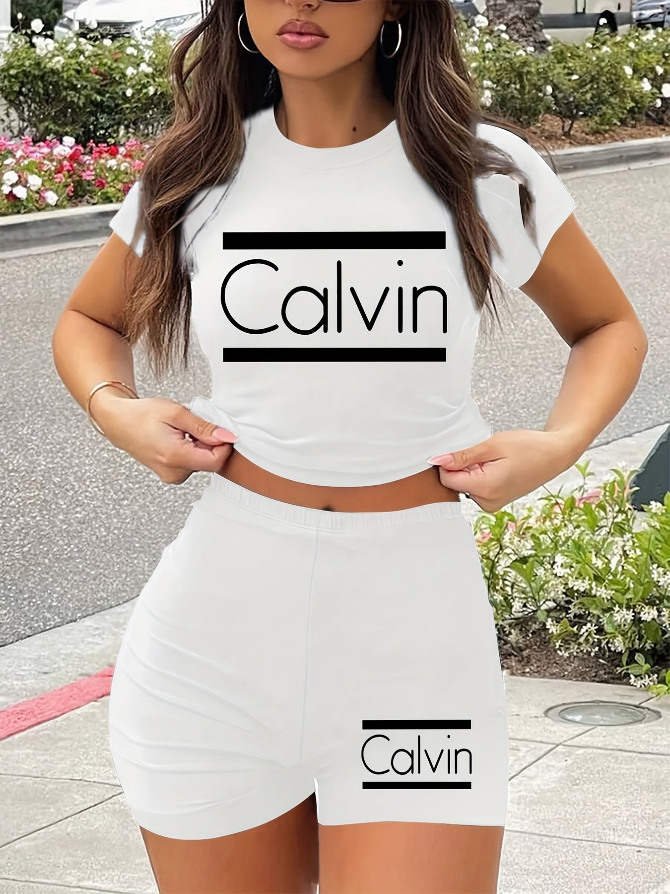 Women'S Calvin Print Red Two-Piece Casual Sportswear Set - Short Sleeve Crop Top & High-Waisted Shorts, Stretchy Polyester Blend, Round Neck, All-Season Comfort, High Waisted