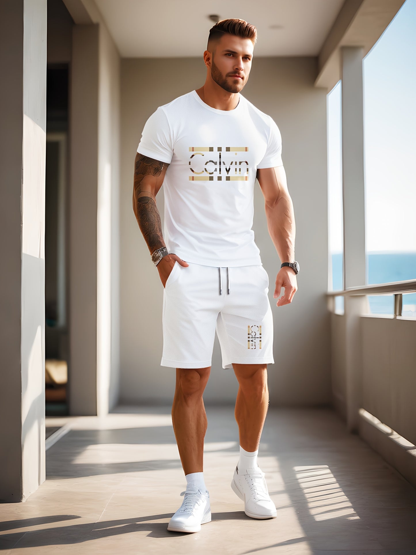 Men'S Casual Street Style 3D Quick-Dry Crew Neck Short Sleeve T-Shirt & Beach Shorts Set - Vibrant Pink with "Calvin" Letter Print, Lightweight Summer Outfit for Casual Attire, Beach Attire|Vibrant Print Tee|Lightweight Fabri