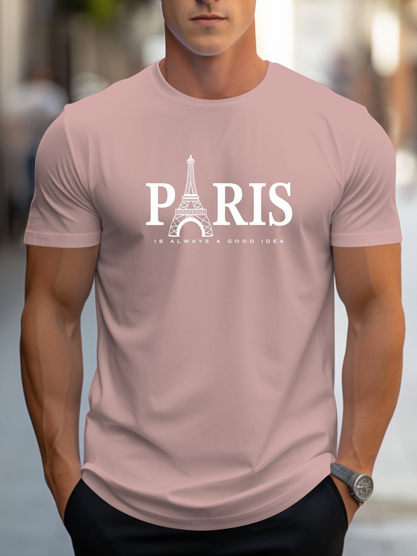 Men's Paris Eiffel Tower Graphic Tee - Casual Crew Neck, Short Sleeve T-Shirt with Stretch Fabric, Machine Washable - Summer Essential
